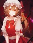  1girl absurdres blonde_hair brooch crystal dress eyebrows_behind_hair flandre_scarlet hair_between_eyes hat highres jewelry light_smile looking_at_viewer mob_cap one_side_up red_dress red_eyes shion_(reira) short_hair_with_long_locks solo touhou wings 