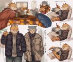 absurd_res anthro beastars bill_(beastars) blush canid canine canis clothed clothing duo felid food hi_res intimate legoshi_(beastars) male male/male mammal pantherine scratching sleeping sski_0 tiger wolf 