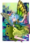  1girl antennae aqua_hair barefoot blush border brown_eyes butterfly_wings dress eternity_larva fairy full_body green_dress hair_between_eyes highres leaf leaf_on_head multicolored_clothes multicolored_dress open_mouth short_hair short_sleeves single_strap smile solo touhou white_border wings zhu_xiang 
