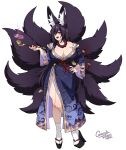  5_fingers 9_tails alternate_version_at_source animal_humanoid asian_clothing beauty_mark big_breasts big_ears biped black_body black_ears black_fur black_hair black_inner_ear black_lips black_tail blue_clothing breasts canid canid_humanoid canine canine_humanoid cleavage clothed clothing colored_nails crescentia_fortuna curvaceous curvy_figure digital_media_(artwork) east_asian_clothing eye_markings eyelashes female fingers fluffy fluffy_ears fluffy_tail footwear fox_humanoid front_view full-length_portrait fully_clothed fur glistening glistening_body glistening_breasts glistening_hair glistening_skin hair half-closed_eyes hand_on_hip hi_res high_heels huge_breasts humanoid humanoid_hands inner_ear_fluff japanese_clothing jewelry katana kimono kiseru light_body light_skin lips long_ears long_hair long_nails looking_at_viewer mammal mammal_humanoid markings melee_weapon mole_(marking) monotone_body monotone_ears monotone_fur monotone_hair monotone_tail multi_tail nails narrowed_eyes necklace obi obijime off_shoulder plantigrade platform_footwear platform_heels portrait pose red_markings red_nails sharp_nails sheathed_weapon signature simple_background small_waist smoke smoking_pipe socks solo standing sword tabi_socks tuft voluptuous weapon white_background white_clothing white_footwear white_inner_ear_fluff white_socks wide_hips yellow_eyes 