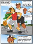  anthro backwards_baseball_cap backwards_hat ball baseball_cap basketball basketball_(ball) basketball_court basketball_hoop bottomwear bovid bovine canid canine canis cattle clothed clothing comic coyote duo english_text footwear fully_clothed fuze hat headgear headwear hi_res male mammal mond_reyes outside shirt shoes shorts socks t-shirt tank_top texnatsu text topwear ty_conrad 
