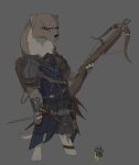  anthro armor biped blue_eyes bracers brown_body brown_fur clothed clothing crossbow dagger eye_scar facial_scar full-length_portrait fully_clothed fur gloves grey_background handwear hi_res male mammal melee_weapon mustela mustelid musteline portrait ranged_weapon scar shoulder_pads simple_background solo standing stoat true_musteline weapon wolfdawg 