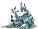  bird commentary_request fangs grass lying mukiguri no_humans on_stomach open_mouth pokemon pokemon_(creature) red_eyes rhyhorn tongue white_background 