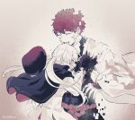  1boy 1girl ahoge artoria_pendragon_(caster)_(fate) artoria_pendragon_(fate) bangs bleeding blood blood_from_mouth blood_on_face capelet closed_eyes crying emiya_shirou fading fate/grand_order fate_(series) hand_on_another&#039;s_chest hat monochrome nagatekkou no7star open_mouth rope senji_muramasa_(fate) shimenawa simple_background smile twitter_username upper_body wide_sleeves 