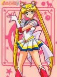  1990s_(style) 1girl back_bow bishoujo_senshi_sailor_moon blonde_hair blue_eyes boots bow choker copyright copyright_name crescent crescent_earrings double_bun earrings elbow_gloves feet_out_of_frame gloves hair_ornament heart heart_choker highres jewelry knee_boots leotard long_hair looking_at_viewer miniskirt multicolored_clothes multicolored_skirt not_for_sale official_art pink_footwear pleated_skirt retro_artstyle sailor_moon sailor_senshi skirt solo standing super_sailor_moon tiara tsukino_usagi twintails very_long_hair 