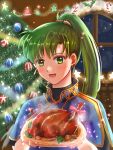  1010femaru 1girl blue_dress blush candy candy_cane christmas christmas_tree dress earrings fire_emblem fire_emblem:_the_blazing_blade food green_eyes green_hair highres jewelry long_hair looking_at_viewer lyn_(fire_emblem) open_mouth ponytail smile snow turkey_(food) very_long_hair window 