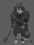  2017 anthro armor belt biped bone bracers canid canine canis claw_marks clothed clothing fully_clothed gloves grey_background handwear headgear helmet hi_res mace male mammal melee_weapon pauldron simple_background skull solo standing weapon wolf wolfdawg 