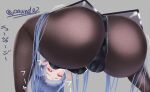  1girl animal_ears artist_name ass azur_lane black_legwear black_leotard blush breasts fake_animal_ears heart heart-shaped_pupils highres large_breasts leotard long_hair looking_at_viewer new_jersey_(azur_lane) new_jersey_(exhilarating_steps!)_(azur_lane) official_alternate_costume pantyhose paundo2 playboy_bunny rabbit_ears solo squatting symbol-shaped_pupils translation_request very_long_hair 