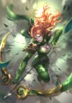 1girl arrow_(projectile) asymmetrical_sleeves bangs blurry blurry_background bow_(weapon) breasts cglas cleavage closed_mouth defense_of_the_ancients dota_(series) dota_2 full_body gauntlets green_eyes green_pants green_scarf green_shirt hair_between_eyes holding holding_arrow holding_bow_(weapon) holding_weapon long_hair long_sleeves nature orange_hair pants scarf shirt small_breasts solo uneven_sleeves weapon windranger_(dota) 