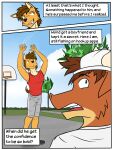  anthro backwards_baseball_cap backwards_hat baseball_cap basketball basketball_court basketball_hoop bottomwear bovid bovine canid canine canis cattle clothed clothing comic coyote duo english_text fully_clothed fuze hat headgear headwear hi_res male mammal mond_reyes outside shirt shorts tank_top texnatsu text topwear ty_conrad 
