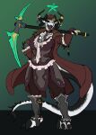  anthro armor black_body breasts claws clothed clothing dragon eye_patch eyewear fangs female green_eyes hi_res holding_object holding_weapon mature_female melee_weapon misstake_mushroom multicolored_body open_mouth open_smile pirate scalie simple_background smile solo tongue tongue_out two_tone_body weapon western_dragon white_body 
