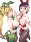  2girls :d animal_ears aqua_eyes arm_strap ass between_breasts black_hair black_legwear blonde_hair bow bowtie braid breast_press breasts cleavage detached_collar dual_persona fake_animal_ears fishnet_legwear fishnets green_bow green_bowtie green_eyes green_hairband green_leotard green_ribbon hair_bow hair_ornament hair_ribbon hair_tie hairband hairclip high_heels highres holding_hands kirigaya_suguha large_breasts leafa leg_up leotard long_hair looking_at_viewer looking_to_the_side mokyu multiple_girls necktie necktie_between_breasts pantyhose playboy_bunny pointy_ears ponytail rabbit_ears rabbit_tail red_footwear red_hairband red_leotard red_necktie ribbon short_hair side-tie_leotard sideboob smile sword_art_online symmetrical_docking tail thighband_pantyhose twin_braids very_long_hair wrist_cuffs 