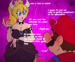  2021 absurd_res big_breasts blue_eyes blush bodily_fluids bowser bowsette_meme breasts cleavage clothed clothing colored_nails comic container crown cup dialogue digital_drawing_(artwork) digital_media_(artwork) dress duo english_text facial_hair female fully_clothed hair hi_res horn human humanoid_pointy_ears male mammal mario mario_bros meme mustache nails nintendo not_furry princess_daisy princess_peach size_difference super_crown sweat text trashtoonz video_games 