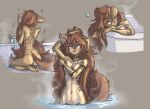  absurd_res anthro apogee_(tinygaypirate) arm_tuft bathing bathtub black_nose breasts brown_background brown_body brown_eyes brown_fur brown_hair butt canid canine canis cowlick curled_tail domestic_dog ear_piercing elbow_tuft emanata eyes_closed facial_markings facial_piercing faucet female floppy_ears fur furgonomics furry-specific_piercing hair hand_above_head hand_on_head head_markings hi_res inner_ear_fluff kneeling long_hair looking_aside mammal markings messy_hair muzzle_piercing navel nose_piercing nude partially_submerged pawpads piercing raised_arms shaking shivering simple_background sleeping slim solo spitz steam tinygaypirate tuft water wet yellow_pawpads 