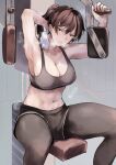  1girl abs absurdres armpits bangs breasts brown_eyes brown_hair cleavage exercise exercise_machine gym gym_uniform highres kyoyakyo large_breasts looking_at_viewer midriff original ponytail short_ponytail shorts sitting solo sports_bra steam sweat sweatdrop toned towel tsurime 