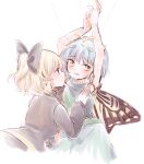  2girls absurdres antennae aqua_hair black_bow blonde_hair blush bow brown_dress butterfly_wings closed_mouth dress eternity_larva eyebrows_visible_through_hair fairy green_dress hair_bow highres kurodani_yamame kuromame_(8gou) leaf leaf_on_head long_sleeves multicolored_clothes multicolored_dress multiple_girls open_mouth short_hair simple_background single_strap smile touhou white_background wings yellow_eyes 