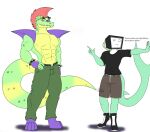  anthro bottomwear clothed clothing crocodile crocodilian crocodylid dialogue duo fish five_nights_at_freddy&#039;s five_nights_at_freddy&#039;s:_security_breach flexet_(photolol.03) hi_res looking_at_another male male/male marine montgomery_gator_(fnaf) muscular muscular_anthro muscular_male photolol.03 reptile scalie scottgames shark shorts spanish_text text video_games 