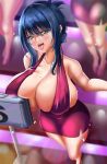  blue_hair breast_press breasts case cleavage dress eyebrows_visible_through_hair glasses green_eyes huge_breasts looking_at_viewer mole mole_on_breast mole_under_eye multiple_girls original red_dress rikadoh solo_focus sparkle standing tongue tongue_out 