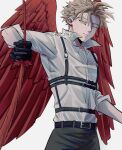  bell_mha blonde_hair boku_no_hero_academia ear_piercing earrings facial_hair feather_sword feathered_wings harness hawks_(boku_no_hero_academia) jewelry piercing red_wings shirt stud_earrings white_background white_shirt wings 