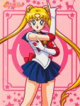  1990s_(style) 1girl \m/ back_bow bishoujo_senshi_sailor_moon blonde_hair blue_eyes blue_skirt bow copyright copyright_name crescent crescent_earrings double_bun earrings elbow_gloves gloves highres jewelry leotard long_hair looking_at_viewer miniskirt not_for_sale official_art open_mouth pink_background pleated_skirt retro_artstyle sailor_moon sailor_senshi skirt solo tiara tsukino_usagi twintails very_long_hair 
