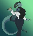  anthro breasts claws clothed clothing dragon fangs female green_body hi_res horn looking_at_viewer misstake_mushroom multicolored_body open_mouth open_smile purple_eyes scalie simple_background smile solo two_tone_body western_dragon 