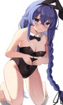  1girl absurdres animal_ears black_bow black_bowtie black_leotard blue_eyes blue_hair bow bowtie braid breasts cleavage detached_collar empty_(mn3k_yo) full_body highres leotard long_hair looking_at_viewer medium_breasts mushoku_tensei playboy_bunny rabbit_ears roxy_migurdia simple_background single_braid sitting solo wariza white_background 