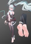  1girl absurdres alternate_costume anklet aqua_eyes aqua_hair aqua_nails bangs barefoot black_pants breasts bridal_gauntlets cleavage_cutout clothing_cutout detached_sleeves english_commentary eyelashes feet floating foot_focus gradient gradient_background grey_background grey_shirt hand_up hatsune_miku hatsune_miku_(append) highres holding holding_microphone jager jewelry long_hair medium_breasts microphone multiple_views nail_polish navel_cutout one_eye_closed pants shiny shiny_hair shirt sidelocks sleeveless sleeveless_shirt soles thigh_cutout toenail_polish toenails toes twintails very_long_hair vocaloid vocaloid_append 
