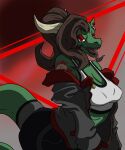  anthro breasts brown_hair clothed clothing dragon fangs female green_body hair hi_res horn looking_at_viewer misstake_mushroom open_mouth open_smile piercing red_eyes simple_eyes smile solo tattoo tongue tongue_out tongue_piercing 