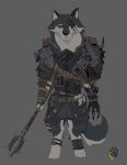  2017 anthro armor belt biped bone bracers canid canine canis claw_marks clothed clothing fully_clothed gloves grey_background handwear hi_res mace male mammal melee_weapon pauldron simple_background skull solo standing weapon wolf wolfdawg 