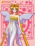  1990s_(style) bangs bishoujo_senshi_sailor_moon blonde_hair blue_eyes breasts cleavage copyright copyright_name crescent crescent_facial_mark double_bun dress eyebrows_visible_through_hair facial_mark feet_out_of_frame forehead_mark highres light_smile long_hair luna_(sailor_moon) not_for_sale pink_background princess_serenity retro_artstyle silhouette starry_background strapless strapless_dress tiara tsukino_usagi twintails very_long_hair 