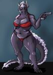  anthro big_breasts bikini black_body breasts claws clothed clothing dragon fangs female fur gun hair hi_res holding_object holding_weapon horn looking_at_viewer mature_female misstake_mushroom nipples open_mouth open_smile partially_clothed ranged_weapon red_eyes scalie scar simple_background smile solo swimwear weapon western_dragon white_hair 
