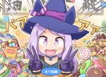  1girl blush candy chocolate commentary_request cookie double_v doughnut food gloves halloween hat horse_girl looking_at_viewer mago_(maagomago) mejiro_mcqueen_(umamusume) open_mouth paku_paku_desuwa portrait purple_eyes purple_hair solo table translation_request umamusume v witch_hat 