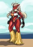  anthro beach beak blaziken breasts claws clothed clothing female fur green_eyes hi_res misstake_mushroom multicolored_body multicolored_fur nintendo partially_clothed pok&eacute;mon pok&eacute;mon_(species) red_body red_fur seaside smile solo two_tone_body two_tone_fur video_games yellow_body yellow_fur 