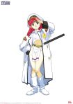  1990s_(style) 1girl azalyn boots brown_eyes circlet coat copyright_name full_body hat logo long_hair long_sleeves looking_at_viewer musekinin_kanchou_tylor navel not_for_sale official_art open_clothes open_coat peaked_cap pelvic_curtain pointy_ears red_hair retro_artstyle salute simple_background smile solo standing white_background white_footwear 