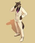  2021 anthro bottomwear canid canine canis clothing dreamworks eyebrows footwear fur hi_res mammal megamilo95 mr._wolf_(the_bad_guys) pants raised_eyebrow shadow shoes simple_background solo suit teeth the_bad_guys white_clothing wolf 
