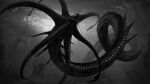  absurdres animal_focus caustics commentary commission dutch_angle english_commentary extra_eyes fangs giant giant_monster grey_theme greyscale highres monochrome monster no_humans open_mouth sharp_teeth solo submarine subnautica tapwing teeth tentacles underwater watercraft 