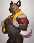  absurd_res aggressive_retsuko anthro big_biceps big_ears bodily_fluids bottomwear brown_body brown_fur bulge clothing fur grey_body grey_fur haida hi_res hyaenid looking_at_viewer male mammal muscular raised_tail sanrio shorts side_view solo solo_focus spots suit sweat tight_clothing towel towel_around_neck underbite vorusuarts 