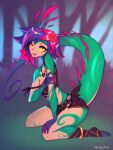  accessory animal_humanoid bottomwear brown_clothing chameleon_humanoid clothing crop_top female flower flower_in_hair forest forest_background hair hair_accessory hi_res hotpants humanoid jewelry kneeling league_of_legends lizard_humanoid looking_at_viewer multicolored_body multicolored_hair nature nature_background necklace neeko_(lol) pink_hair plant purple_hair reptile reptile_humanoid riot_games scalie scalie_humanoid shirt shorts shy smile solo spiked_tail spikes spikes_(anatomy) thick_tail topwear tree video_games vincher yellow_eyes 