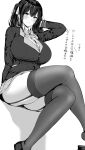  1girl absurdres arm_behind_back blazer blush bow bowtie breasts buttons closed_mouth collared_shirt crossed_legs dress_shirt eyebrows_visible_through_hair feet_out_of_frame from_below frown garter_straps greyscale hair_between_eyes hair_ribbon hand_in_hair hand_up highres hotate-chan invisible_chair jacket large_breasts long_hair long_sleeves looking_at_viewer looking_down miniskirt monochrome original pleated_skirt pocket ribbon school_uniform shirt shoe_dangle shoes sitting skirt solo thighhighs translation_request twintails 