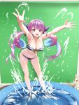  1girl ahoge aqua_hair bent_over bikini braid breasts cat colored_inner_hair commentary_request drill_hair green_screen halterneck highres hololive indoors komugi_(minato_aqua) large_breasts long_hair minato_aqua multicolored_hair navel open_mouth pink_hair purple_eyes smile solo splashing string_bikini striped striped_bikini summer_tail720 swimsuit twin_drills two-tone_hair virtual_youtuber wading wading_pool 
