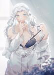  1girl absurdres bangs bare_shoulders black_bra blue_eyes bra breasts cleavage collarbone english_commentary fenrishion final_fantasy final_fantasy_xiv finger_to_mouth highres long_hair off_shoulder parted_bangs robe shushing silver_hair smile solo underwear undressing venat_(ff14) white_robe 
