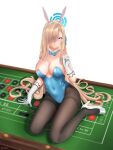  1girl :o absurdres animal_ears arm_up artist_name asuna_(blue_archive) bangs bare_shoulders black_legwear blonde_hair blue_archive blue_bow blue_bowtie blue_eyes blush bow bowtie breasts casino_card_table cleavage collarbone covered_navel cozie178 elbow_gloves eyebrows_visible_through_hair fake_animal_ears gloves hair_between_eyes hair_over_one_eye hair_ribbon hand_on_table high_heels highres large_breasts legs long_hair looking_at_viewer open_mouth pantyhose playboy_bunny rabbit_ears ribbon simple_background sitting sitting_on_table solo thighs white_footwear white_gloves 