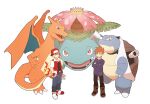  2boys bangs baseball_cap black_pants blastoise blue_oak boot_straps boots brown_footwear charizard closed_mouth commentary_request crossed_arms hat holding holding_poke_ball jacket jaho jewelry long_shirt long_sleeves male_focus multiple_boys necklace pants pants_tucked_in poke_ball poke_ball_(basic) pokemon pokemon_(creature) pokemon_(game) pokemon_rgby purple_shirt red_(pokemon) red_headwear shirt shoes short_hair short_sleeves smile spiked_hair standing transparent_background venusaur 