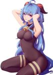  1girl absurdres adjusting_hair ahoge armpits arms_up bangs bell black_legwear blue_hair bodystocking bodysuit breasts covered_navel ganyu_(genshin_impact) genshin_impact highres horns huui_(a72392239) long_hair looking_at_viewer medium_breasts neck_bell no_gloves purple_eyes sidelocks sitting sleeveless solo thighlet very_long_hair white_background yokozuwari 