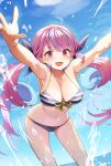  1girl ahoge aqua_hair bent_over bikini blue_sky braid breasts colored_inner_hair commentary_request drill_hair halterneck highres hololive large_breasts long_hair minato_aqua multicolored_hair navel ocean open_mouth pink_hair purple_eyes sky smile solo splashing string_bikini striped striped_bikini summer_tail720 swimsuit twin_drills two-tone_hair virtual_youtuber 