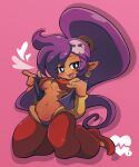  &lt;3 breasts cinnamon6 clothed clothing female genie hair humanoid humanoid_pointy_ears kneeling looking_at_viewer mammal nipple_outline not_furry open_clothing open_mouth open_smile open_topwear pink_background pinup ponytail pose purple_hair shantae shantae_(series) simple_background smile solo topwear under_boob video_games wayforward 