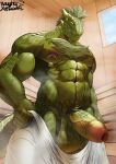  2021 abs absurd_res anthro argonian balls barazoku bethesda_softworks big_balls big_muscles big_penis bodily_fluids body_hair chest_hair erection foreskin genitals hair hi_res holding_object holding_towel horn inside lock low-angle_view male muscular muscular_anthro muscular_male naughtyxerigart navel nipple_piercing nipple_ring nipples non-mammal_balls non-mammal_nipples obliques pecs penis piercing pubes sauna scalie signature smile solo standing steam sweat the_elder_scrolls towel video_games 