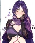  1girl armor bangs black_gloves bra breasts cleavage elbow_gloves fate/grand_order fate_(series) fingerless_gloves gloves highres japanese_armor kote large_breasts long_hair looking_to_the_side minamoto_no_raikou_(fate) parted_bangs parted_lips purple_bra purple_eyes purple_hair ribbed_sleeves ritalem solo underwear very_long_hair 