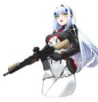  1girl 1z10 assault_rifle bangs blunt_bangs blush bodysuit breasts cowboy_shot girls&#039;_frontline green_eyes gun h&amp;k_hk416 headgear highres hk416_(girls&#039;_frontline) long_hair medium_breasts navel open_mouth plugsuit rifle scope sidelocks silver_hair skin_tight solo teardrop_tattoo trigger_discipline very_long_hair weapon 