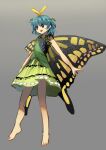  1girl antennae aqua_hair bare_legs barefoot butterfly_wings dress eternity_larva fairy full_body green_dress grey_background hair_between_eyes highres leaf leaf_on_head multicolored_clothes multicolored_dress open_mouth purple_eyes short_hair simple_background single_strap smile solo suna_(s73d) touhou wings 